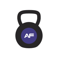 Black kettlebell with purple circle and AF in the centre, with a white and grey background
