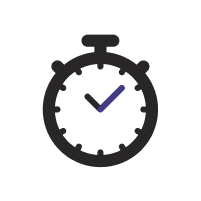 Stop watch illustration with a black hour hand, and a purple minute hand