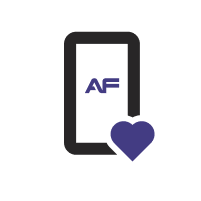 Cell phone illustration with AF centre screen with a purple heart on a white and grey background